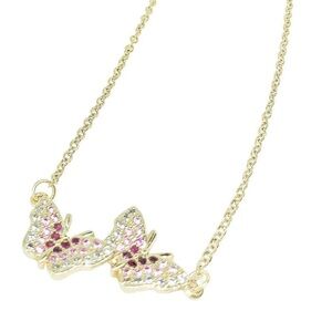 Double Pink Butterfly Necklace 24k Gold Filled New